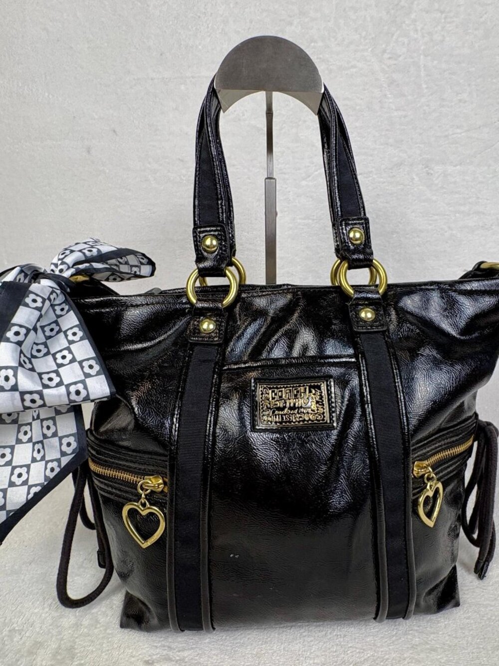 Coach Y2K Poppy Daisy Liquid Gloss Tote in Black Patent Leather with Scarf